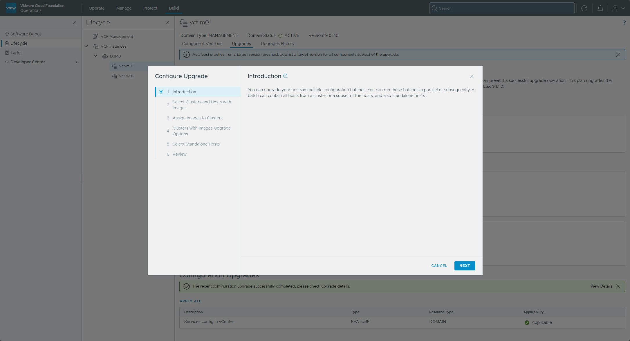 The Configure Upgrade wizard introduction and its six steps