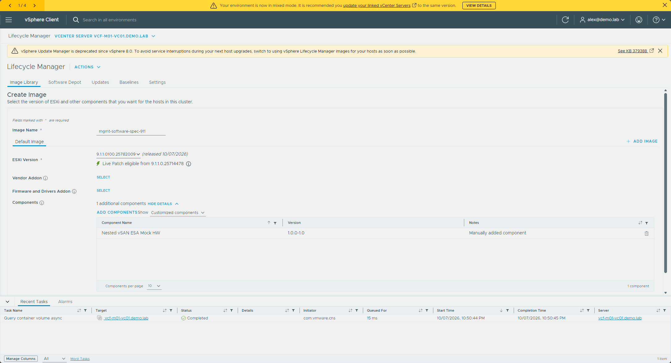 The Create Image form with the Nested vSAN ESA Mock HW component added