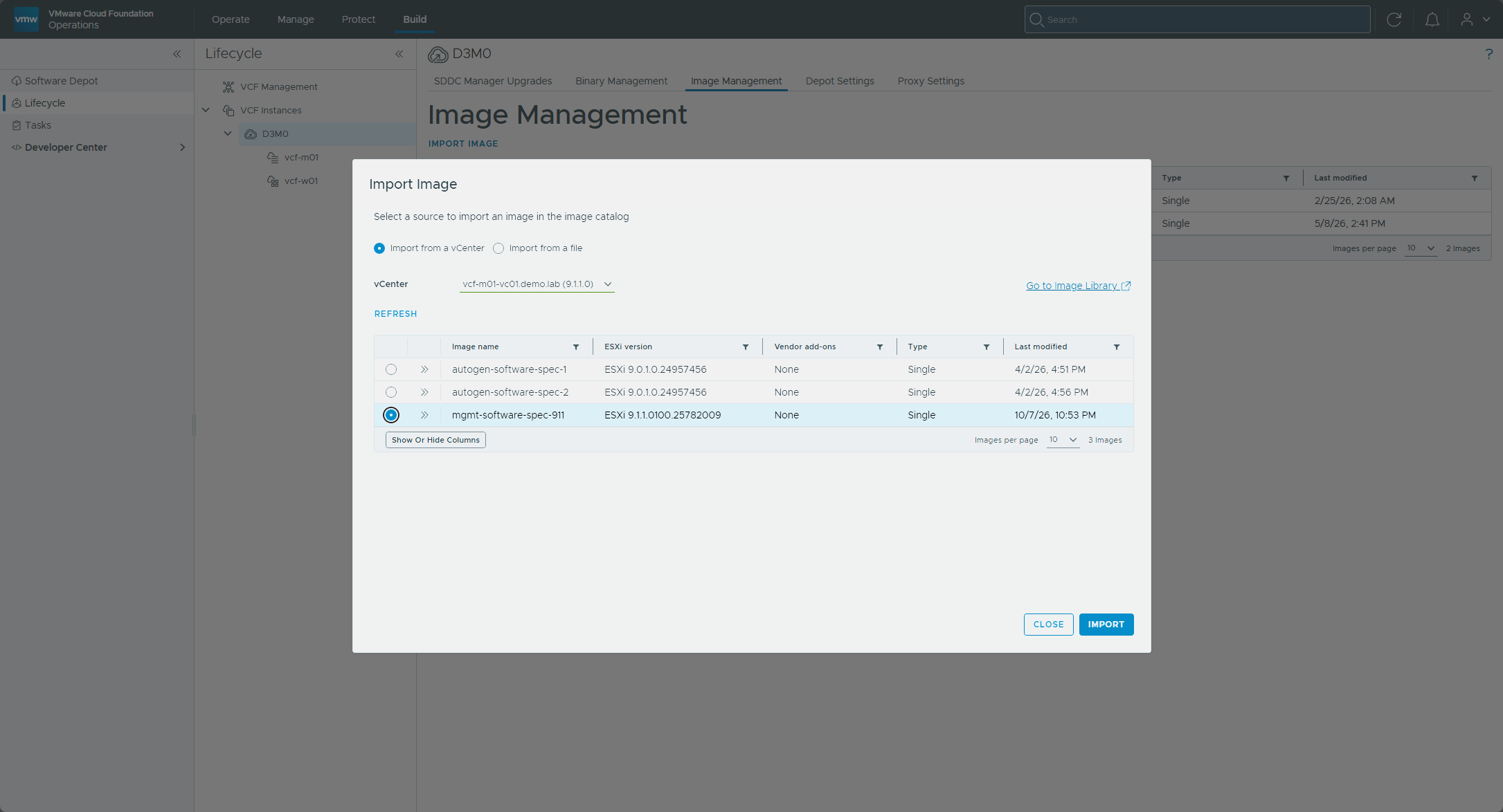 Selecting the new image to import from the management vCenter