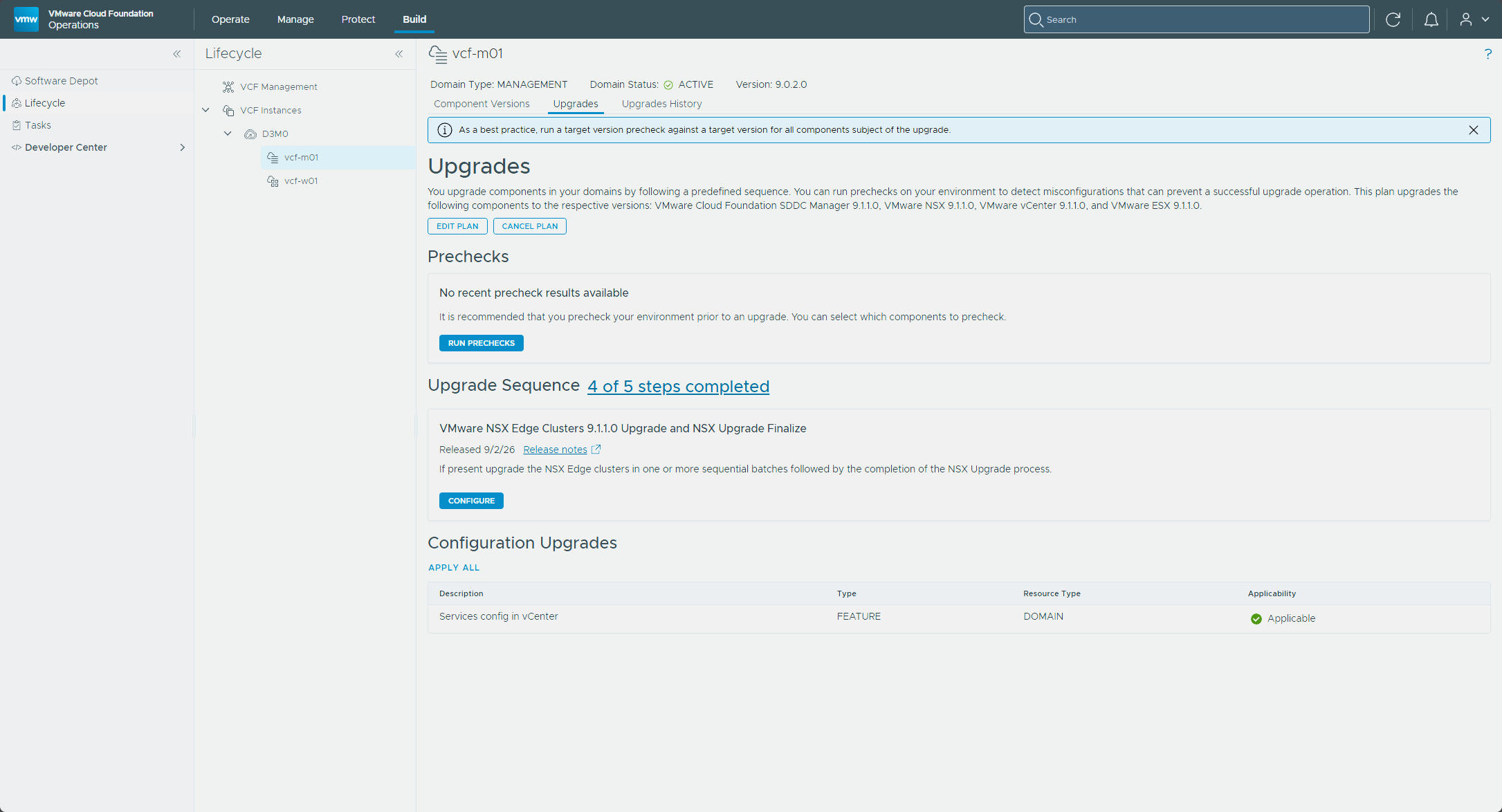 The Upgrades tab after the ESX upgrade