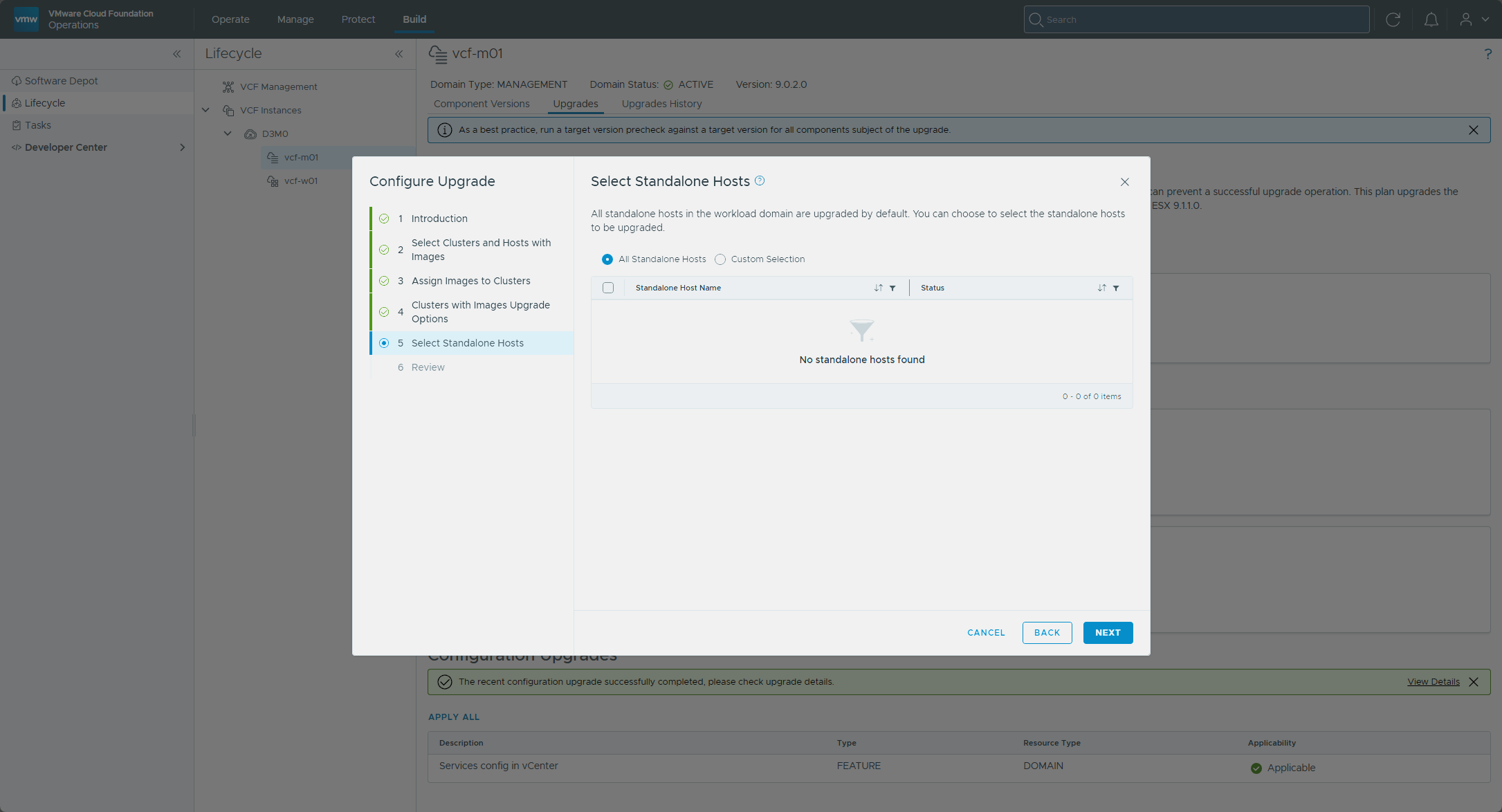 The upgrade options for vcf-mgmt-cl