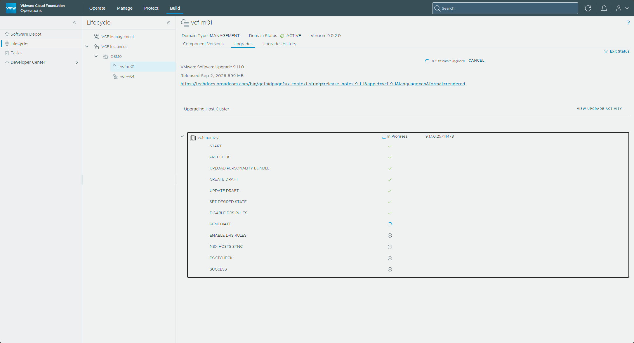 The ESX upgrade stages with remediation running