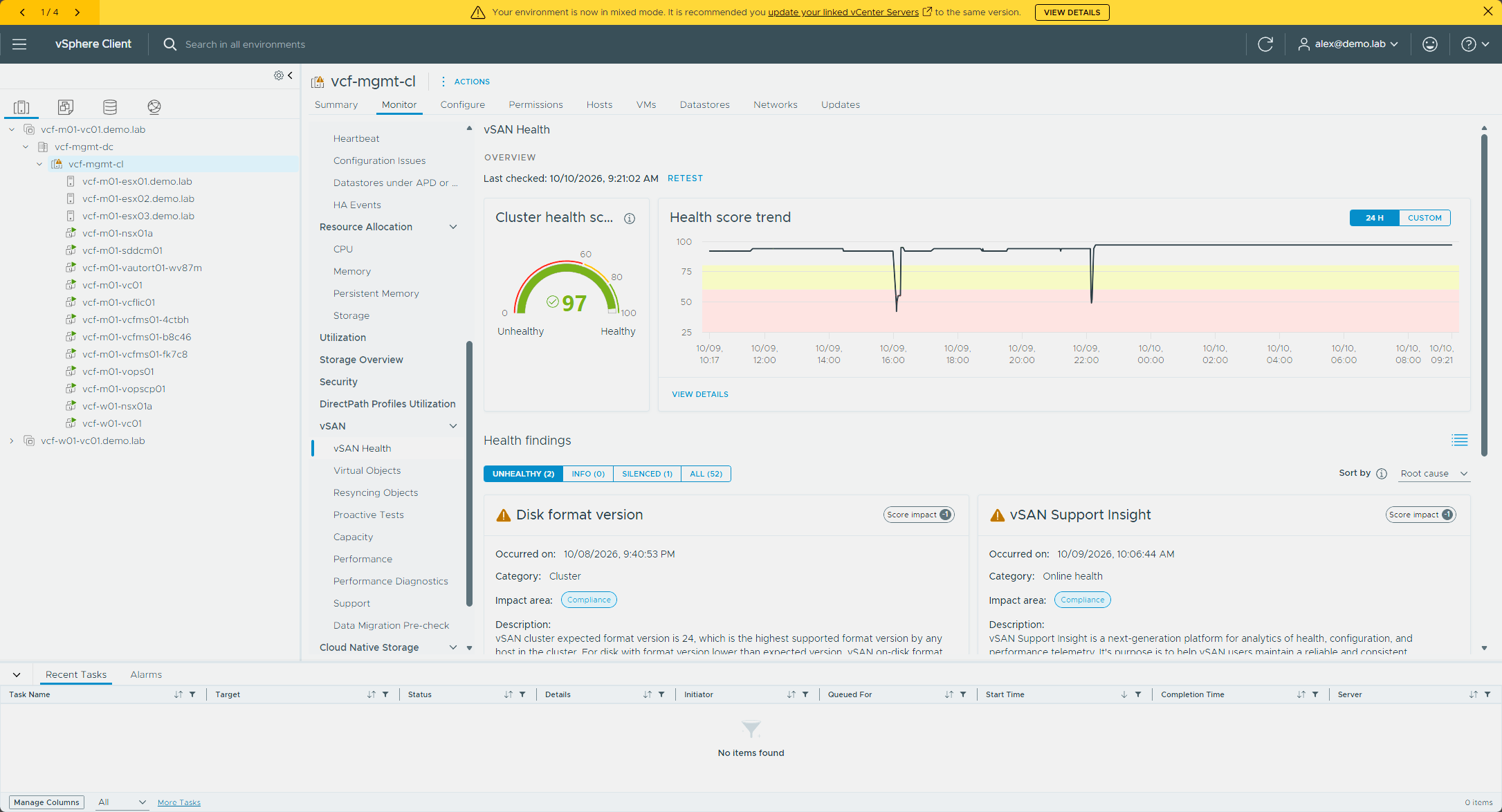 The vSAN Skyline Health for vcf-mgmt-cl after the upgrade