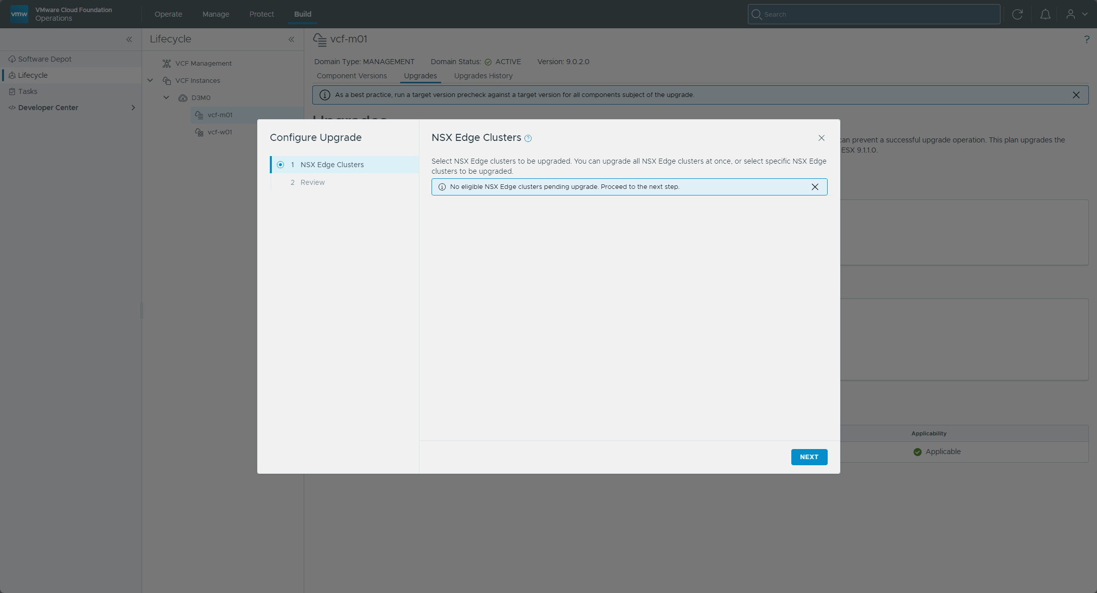The NSX Edge Clusters step saying no eligible clusters are pending upgrade