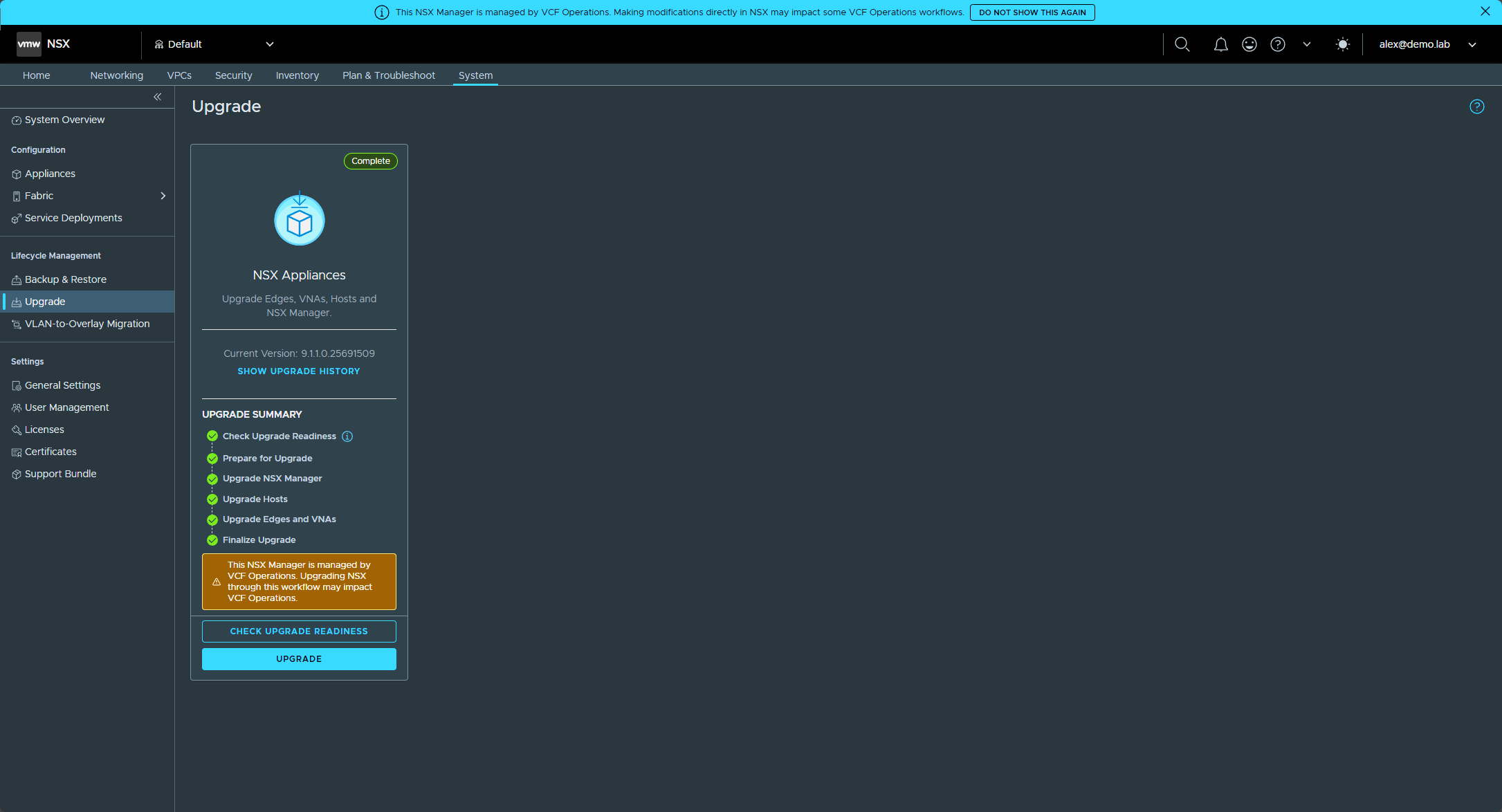 The NSX Upgrade page showing every step complete