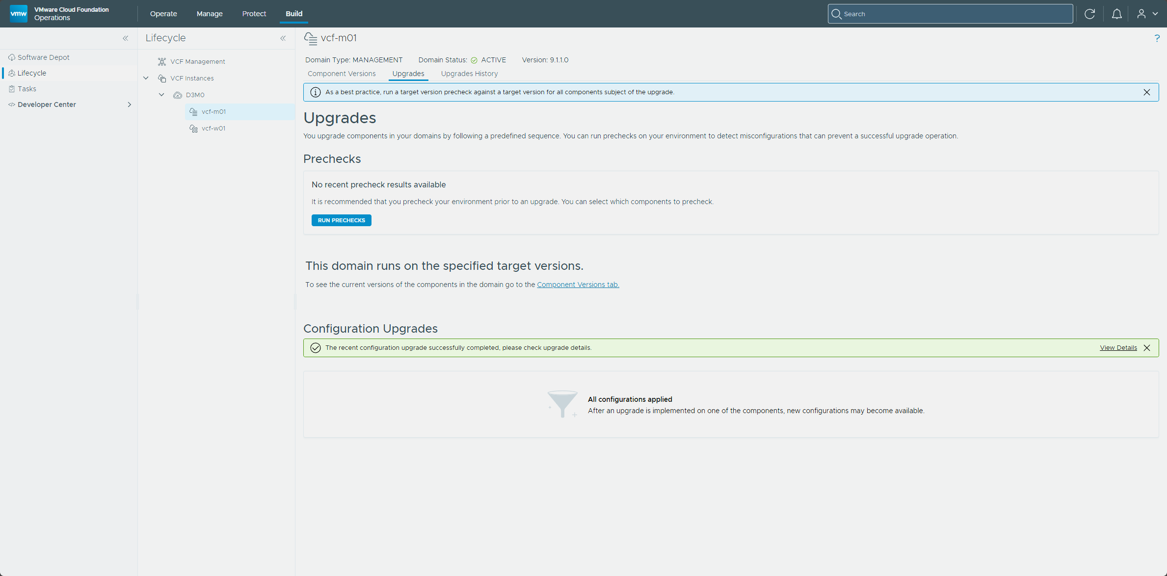 The Upgrades tab with all configurations applied