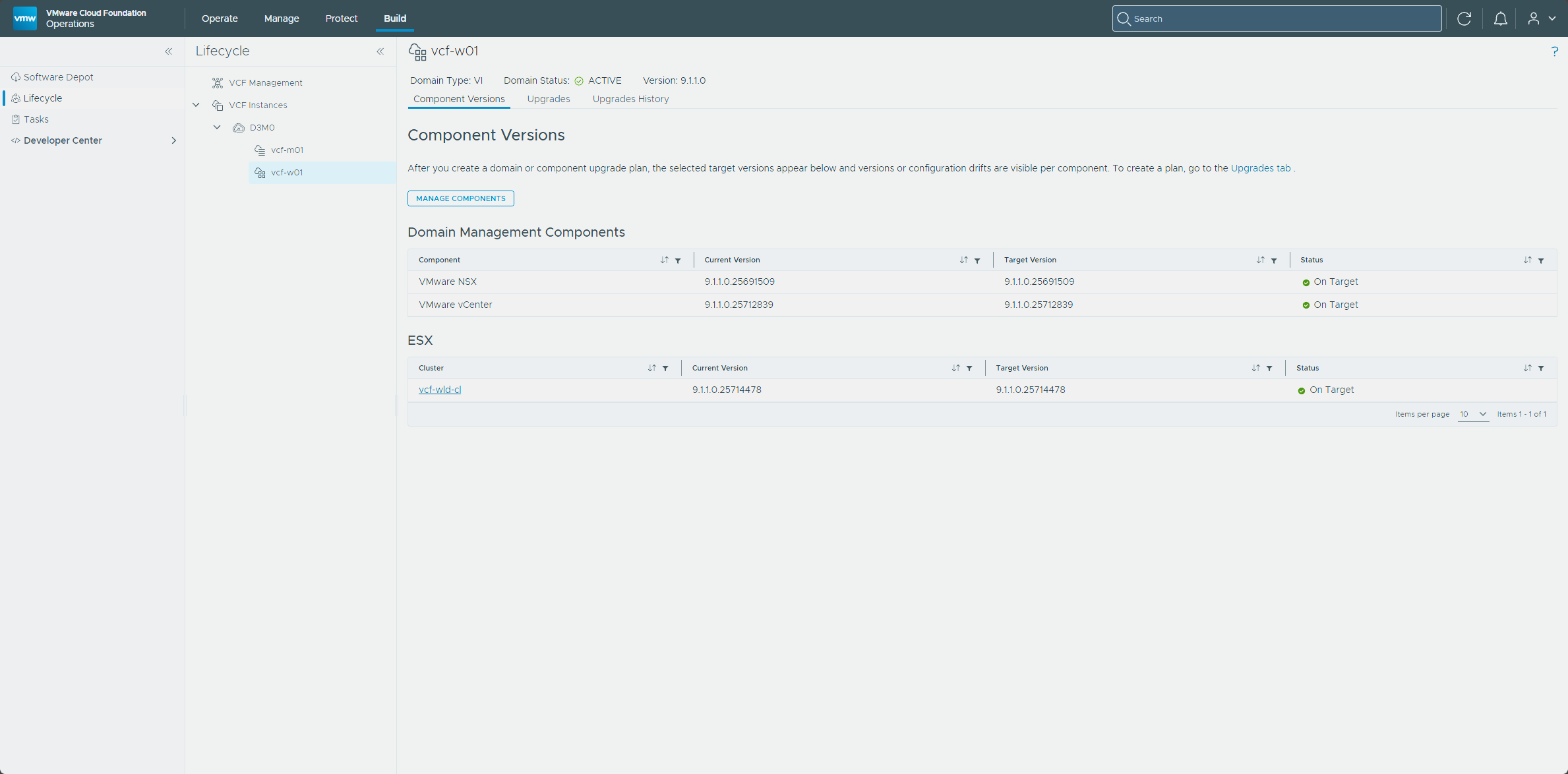 Component Versions for vcf-w01