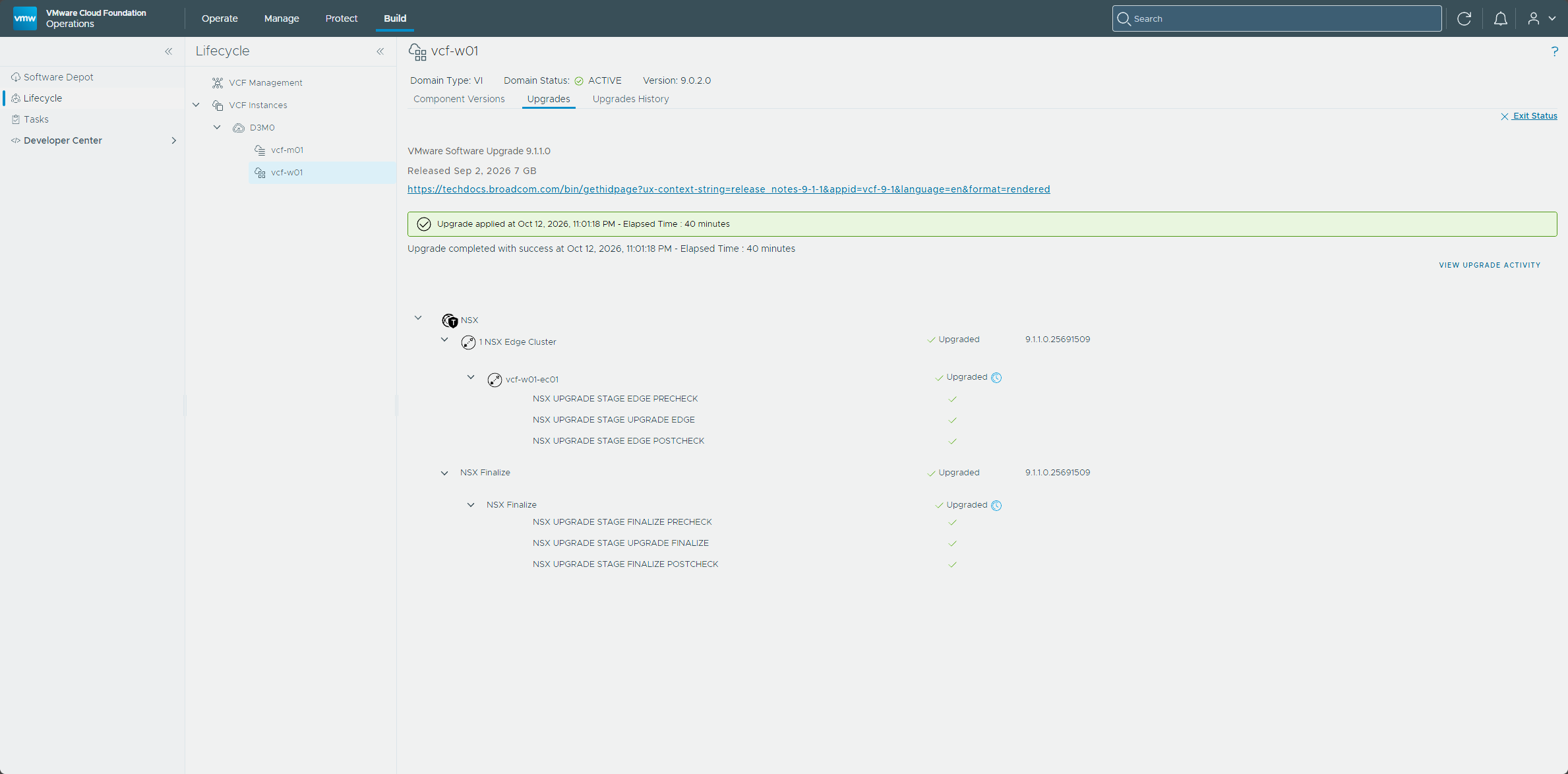The Edge cluster and NSX finalize stages completed