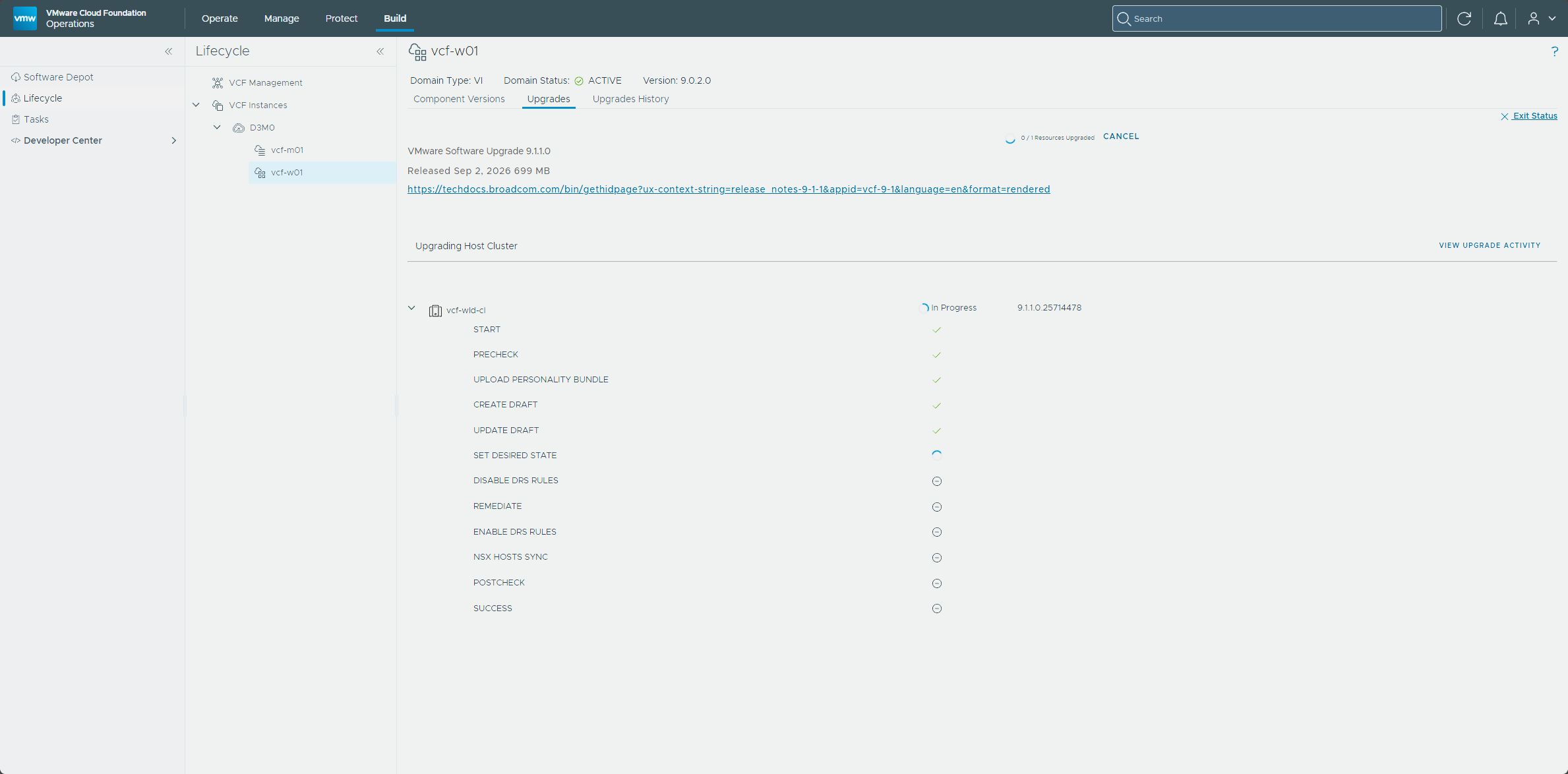 The ESX upgrade stages for vcf-wld-cl