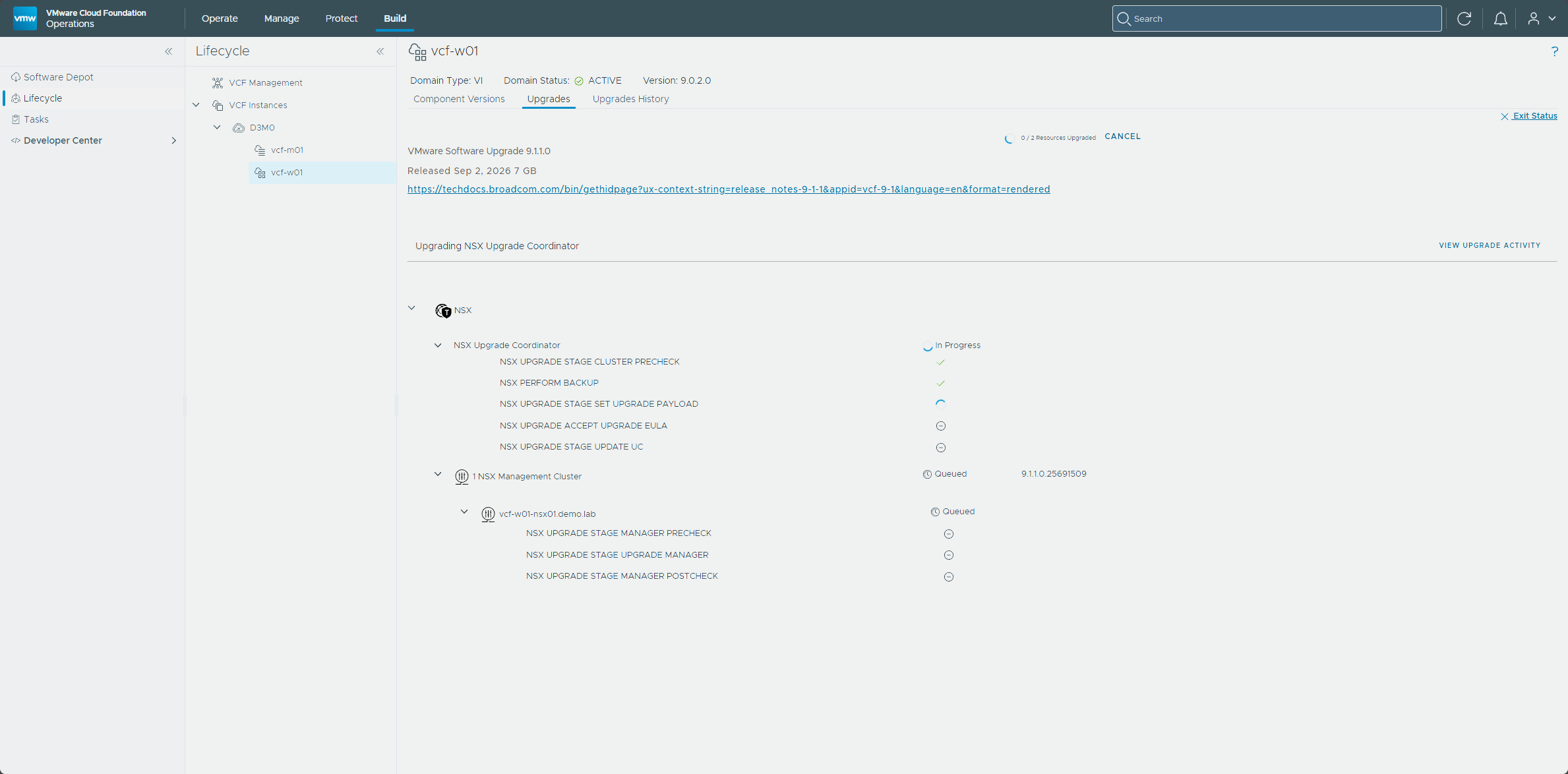 The NSX Manager upgrade stages for vcf-w01-nsx01