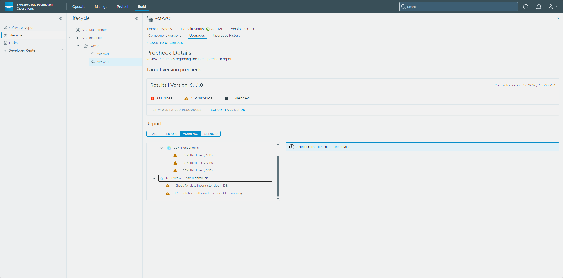 The workload domain precheck results