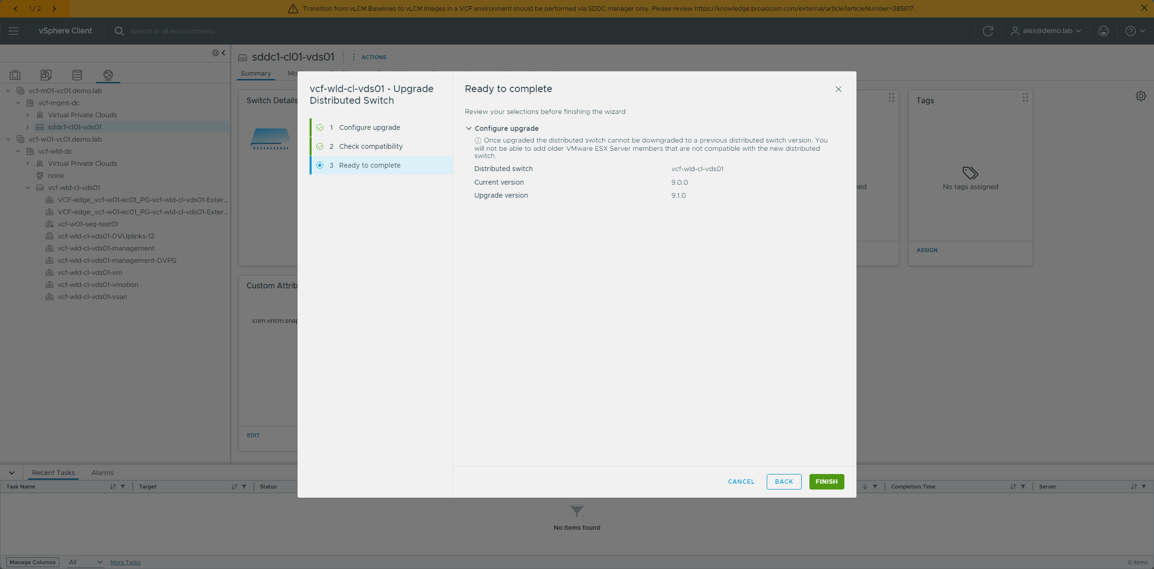 The distributed switch upgrade for vcf-wld-cl-vds01