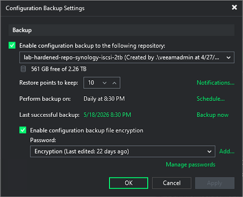 Configuration Backup dialog with encryption enabled and repository set to the hardened repo