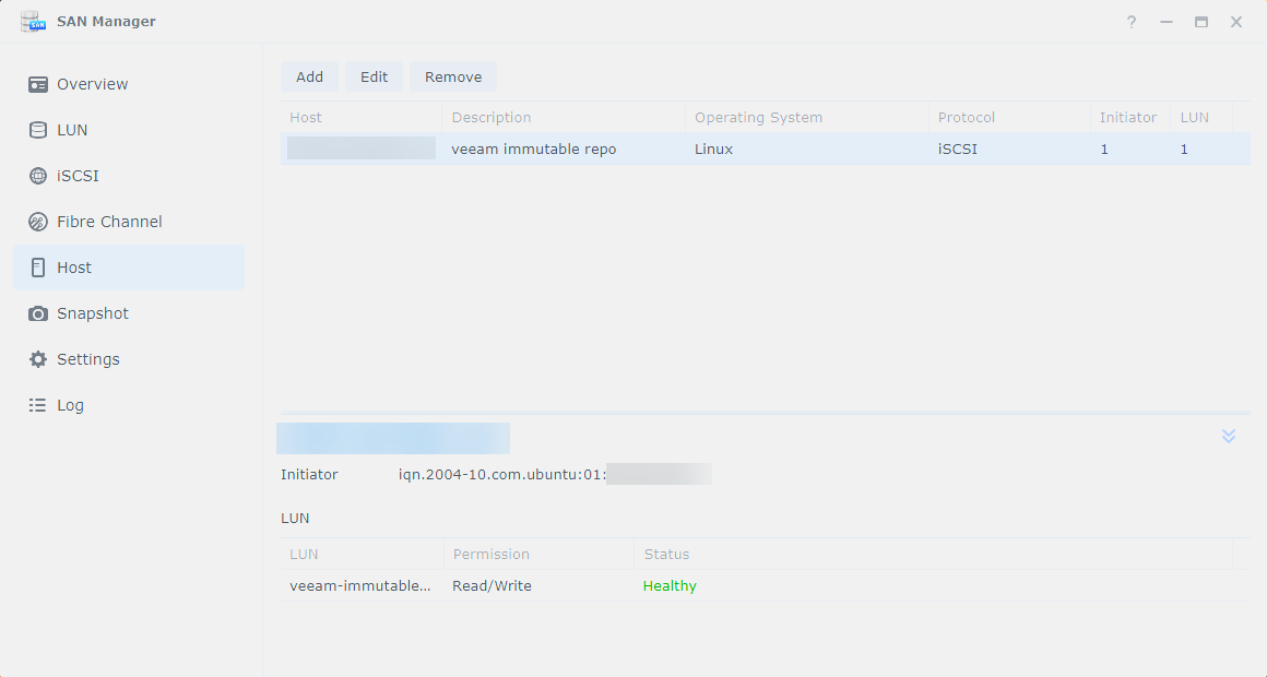Synology Host masking - vbhr added as initiator with Read/Write to the immutable LUN