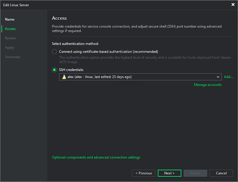 New Linux Server wizard - Access step with SSH credentials selected
