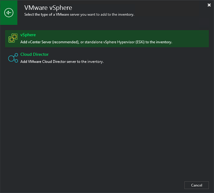 VMware vSphere wizard - the vSphere option that auto-detects vCenter Server vs standalone ESXi from the hostname